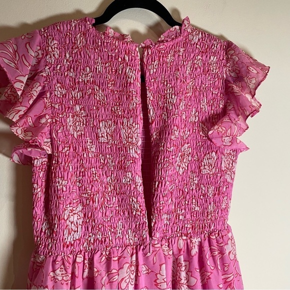J. MARIE Pink Floral The Rosie Ruched Smocked Dress Large - Picture 5 of 7